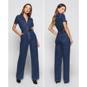 NEW Reformation Jeans James Denim Jumpsuit Straight Leg Button-Front Size 2
